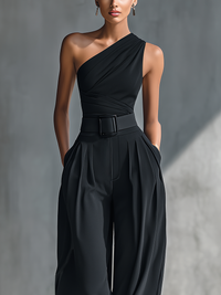 Black High-elastic Knit Top and Acetate Wide-leg Trousers Women UK – Smart Casual Holiday Outfit, Brunch