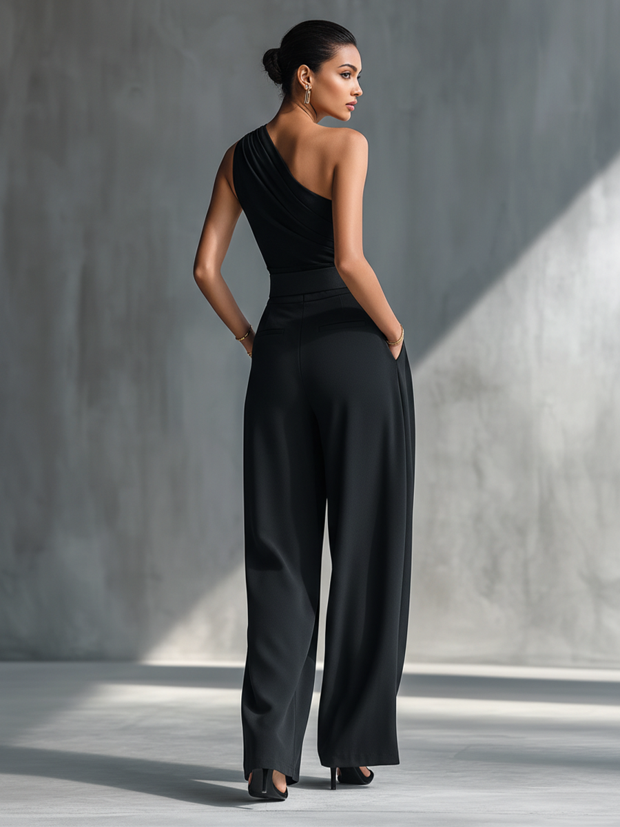 Black High-elastic Knit Top and Acetate Wide-leg Trousers Women UK – Smart Casual Holiday Outfit, Brunch