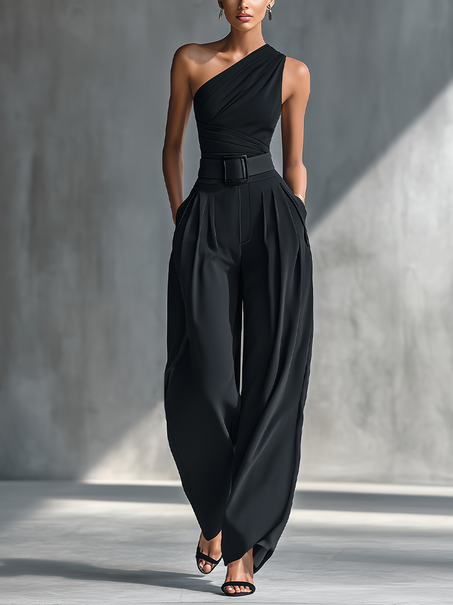 Black High-elastic Knit Top and Acetate Wide-leg Trousers Women UK – Smart Casual Holiday Outfit, Brunch