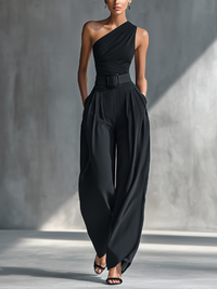 Black High-elastic Knit Top and Acetate Wide-leg Trousers Women UK – Smart Casual Holiday Outfit, Brunch