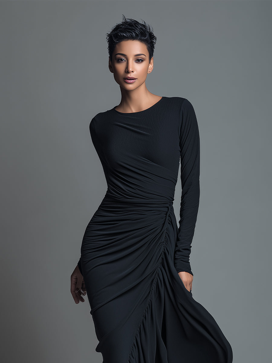 Black Jersey Knit Ruched Maxi Dress Women UK – Wedding Guest Garden Party Evening Gown, Formal Occasion