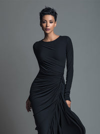Black Jersey Knit Ruched Maxi Dress Women UK – Wedding Guest Garden Party Evening Gown, Formal Occasion
