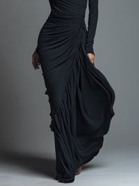 Black Jersey Knit Ruched Maxi Dress Women UK – Wedding Guest Garden Party Evening Gown, Formal Occasion