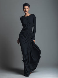 Black Jersey Knit Ruched Maxi Dress Women UK – Wedding Guest Garden Party Evening Gown, Formal Occasion