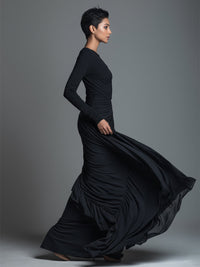 Black Jersey Knit Ruched Maxi Dress Women UK – Wedding Guest Garden Party Evening Gown, Formal Occasion