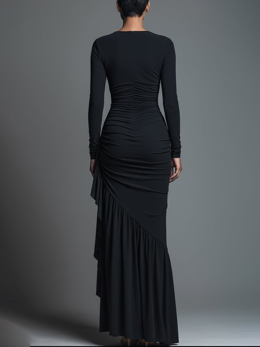 Black Jersey Knit Ruched Maxi Dress Women UK – Wedding Guest Garden Party Evening Gown, Formal Occasion