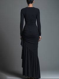 Black Jersey Knit Ruched Maxi Dress Women UK – Wedding Guest Garden Party Evening Gown, Formal Occasion