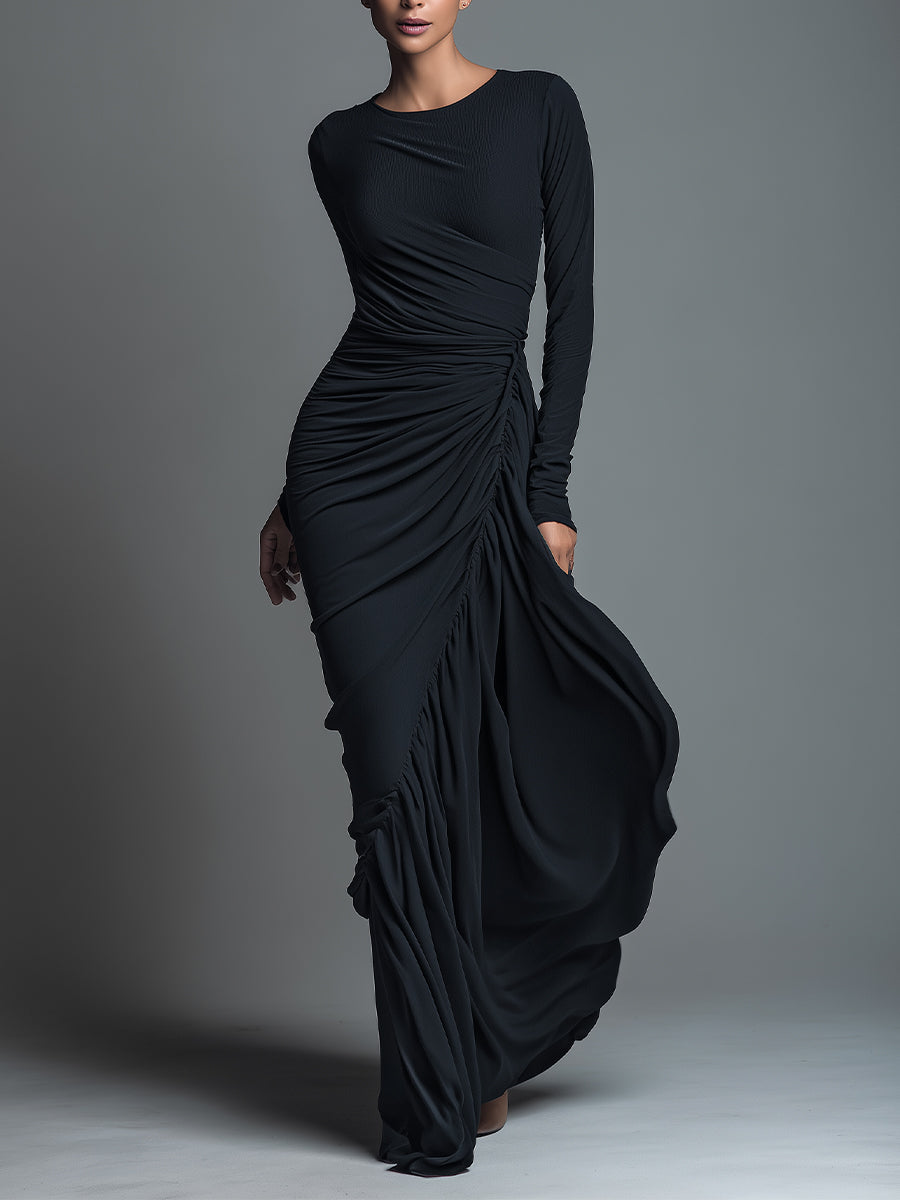 Black Jersey Knit Ruched Maxi Dress Women UK – Wedding Guest Garden Party Evening Gown, Formal Occasion