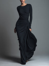 Black Jersey Knit Ruched Maxi Dress Women UK – Wedding Guest Garden Party Evening Gown, Formal Occasion