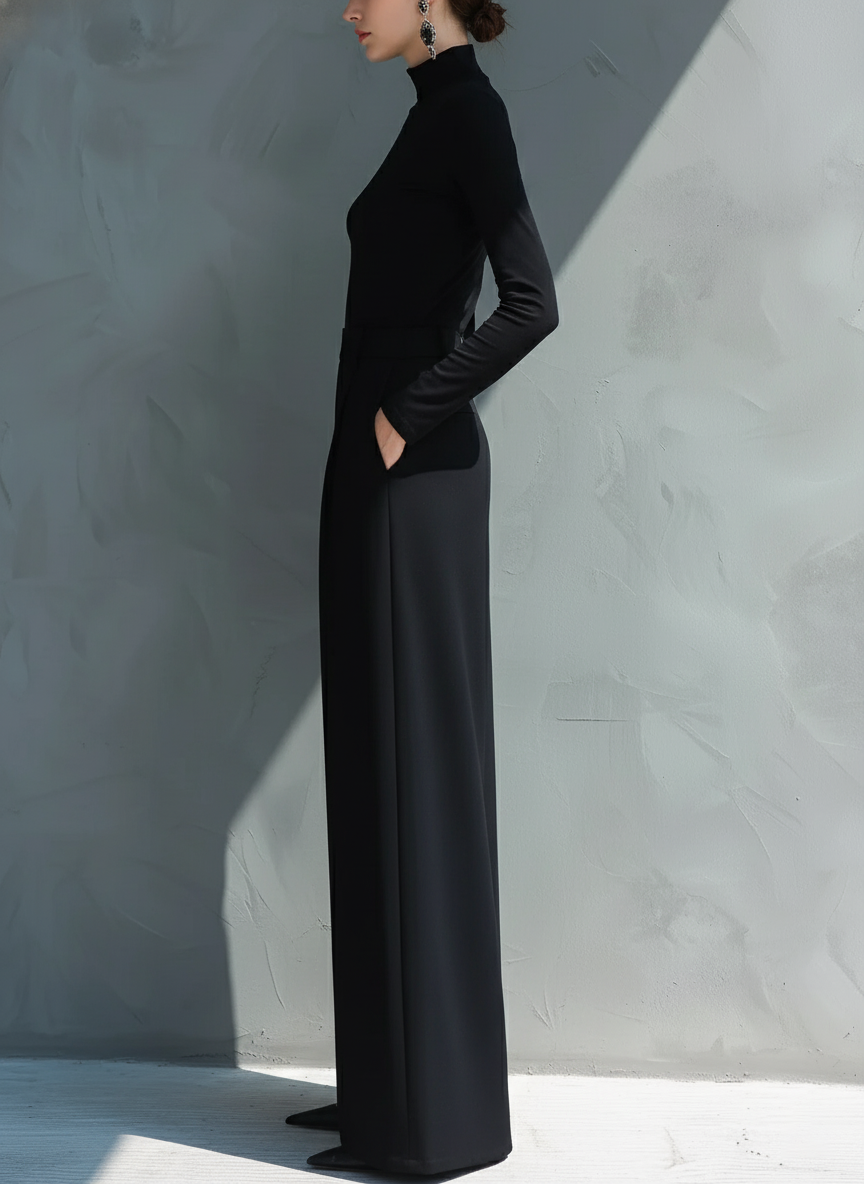 Black Knit Turtleneck Wide-Leg Jumpsuit for Women - MDA2133J5I
