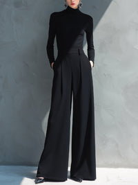 Black Knit Turtleneck Wide-Leg Jumpsuit for Women - MDA2133J5I