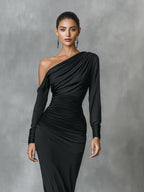 Black Satin One-Shoulder Ruched Mermaid Maxi Dress Women UK – Wedding Guest Cocktail Evening Gown, Formal Occasion