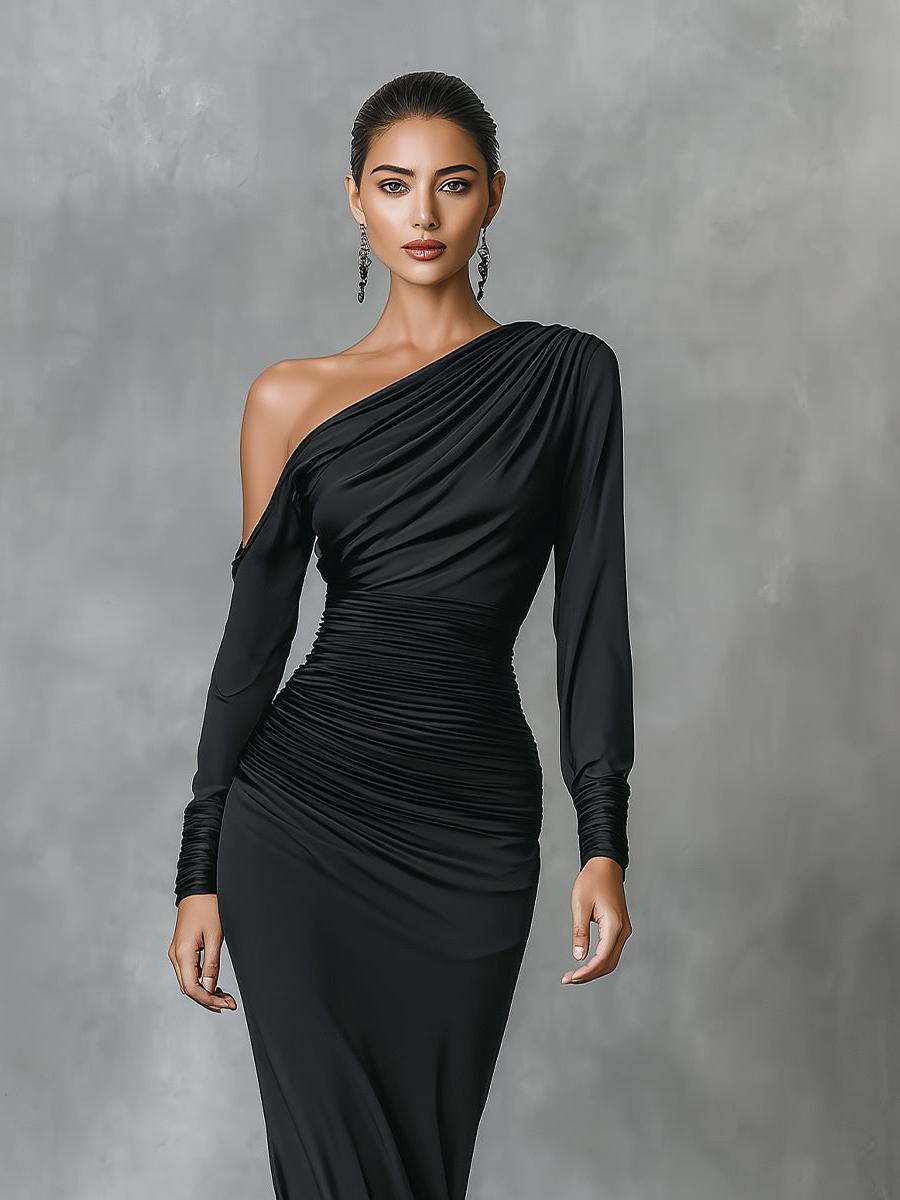 Black Satin One-Shoulder Ruched Mermaid Maxi Dress Women UK – Wedding Guest Cocktail Evening Gown, Formal Occasion