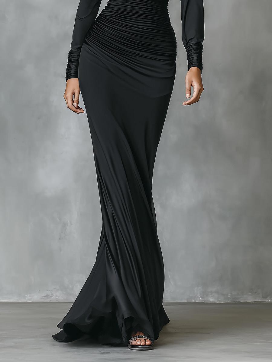 Black Satin One-Shoulder Ruched Mermaid Maxi Dress Women UK – Wedding Guest Cocktail Evening Gown, Formal Occasion