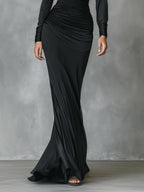 Black Satin One-Shoulder Ruched Mermaid Maxi Dress Women UK – Wedding Guest Cocktail Evening Gown, Formal Occasion