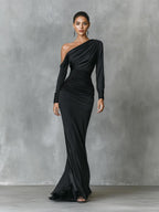 Black Satin One-Shoulder Ruched Mermaid Maxi Dress Women UK – Wedding Guest Cocktail Evening Gown, Formal Occasion