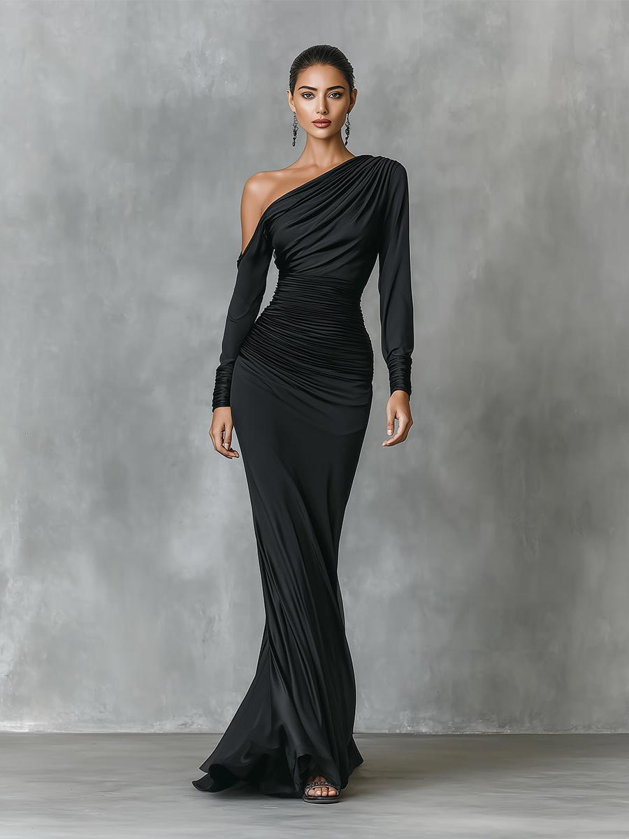 Black Satin One-Shoulder Ruched Mermaid Maxi Dress Women UK – Wedding Guest Cocktail Evening Gown, Formal Occasion