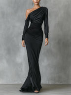 Black Satin One-Shoulder Ruched Mermaid Maxi Dress Women UK – Wedding Guest Cocktail Evening Gown, Formal Occasion