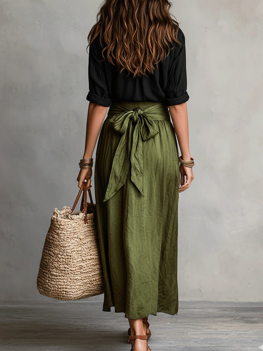 Black T-Shirt and Olive Green Midi Skirt Two-Piece Set for Casual Wear