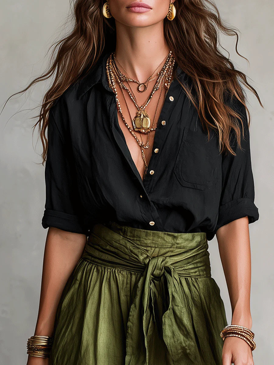 Black T-Shirt and Olive Green Midi Skirt Two-Piece Set for Casual Wear