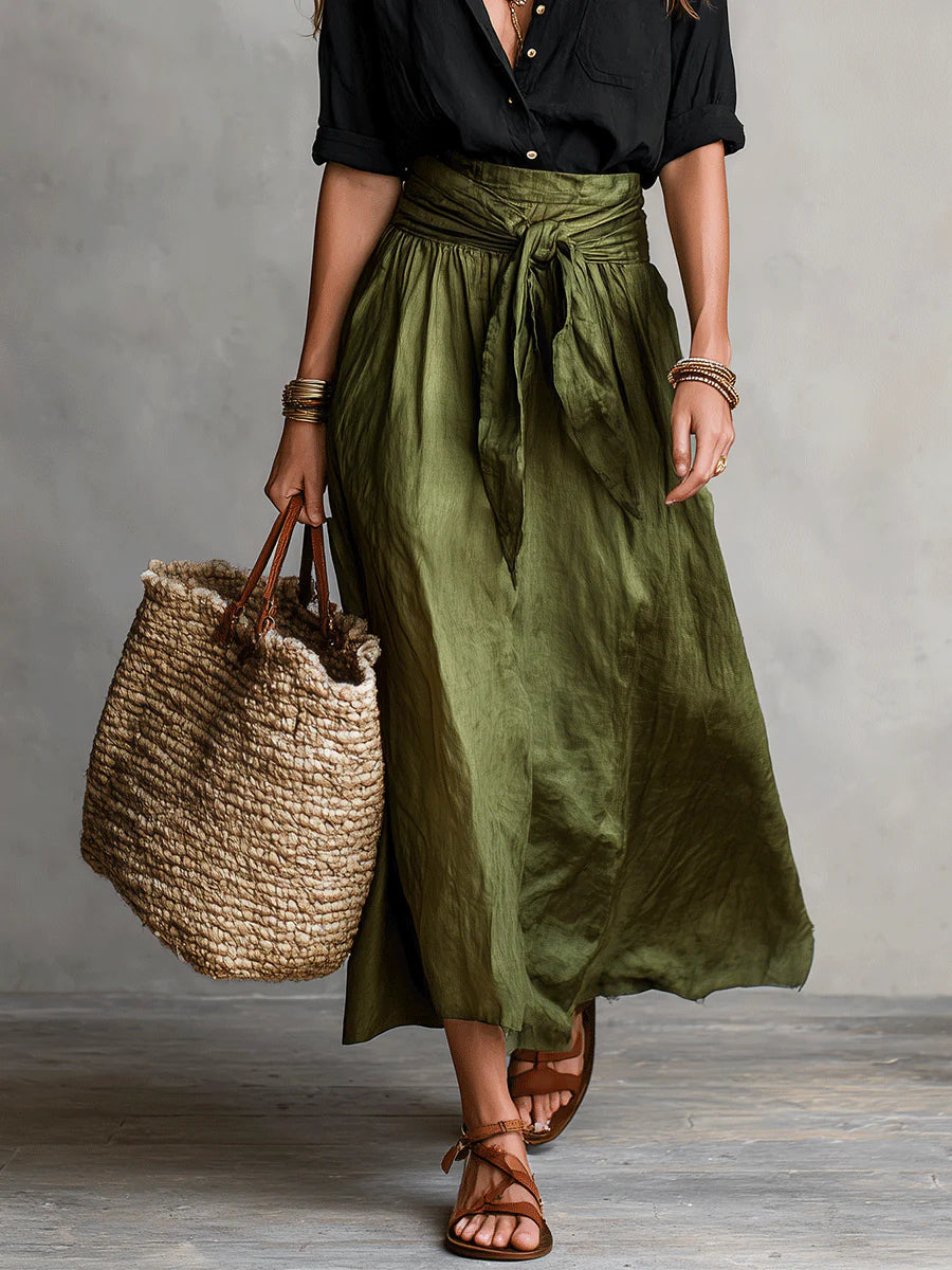 Black T-Shirt and Olive Green Midi Skirt Two-Piece Set for Casual Wear