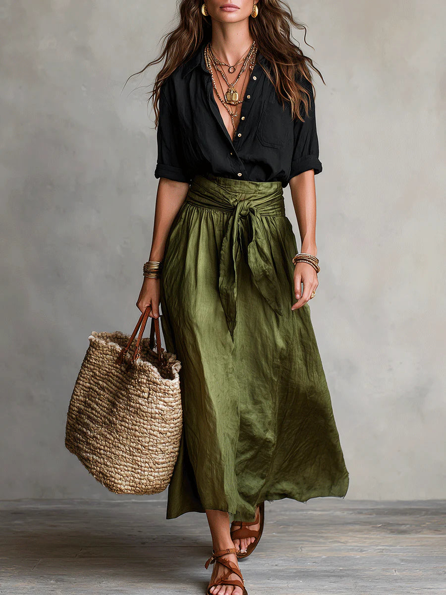 Black T-Shirt and Olive Green Midi Skirt Two-Piece Set for Casual Wear