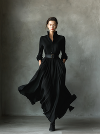 Black Textured Pleated Maxi Dress for Women - Vintage Style, Casual Wear