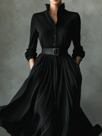 Black Textured Pleated Maxi Dress for Women - Vintage Style, Casual Wear