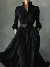 Black Textured Pleated Maxi Dress for Women - Vintage Style, Casual Wear