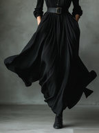 Black Textured Pleated Maxi Dress for Women - Vintage Style, Casual Wear