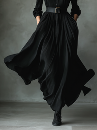 Black Textured Pleated Maxi Dress for Women - Vintage Style, Casual Wear