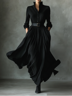 Black Textured Pleated Maxi Dress for Women - Vintage Style, Casual Wear