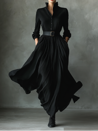 Black Textured Pleated Maxi Dress for Women - Vintage Style, Casual Wear