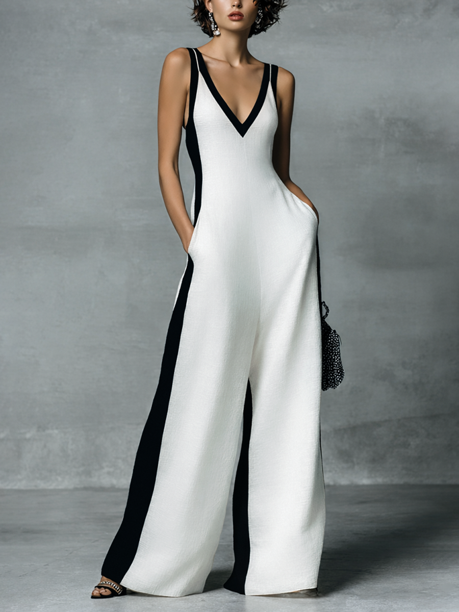 Black and White Cotton Linen Jumpsuit for Women UK – Smart Casual Holiday Wear, Cocktail