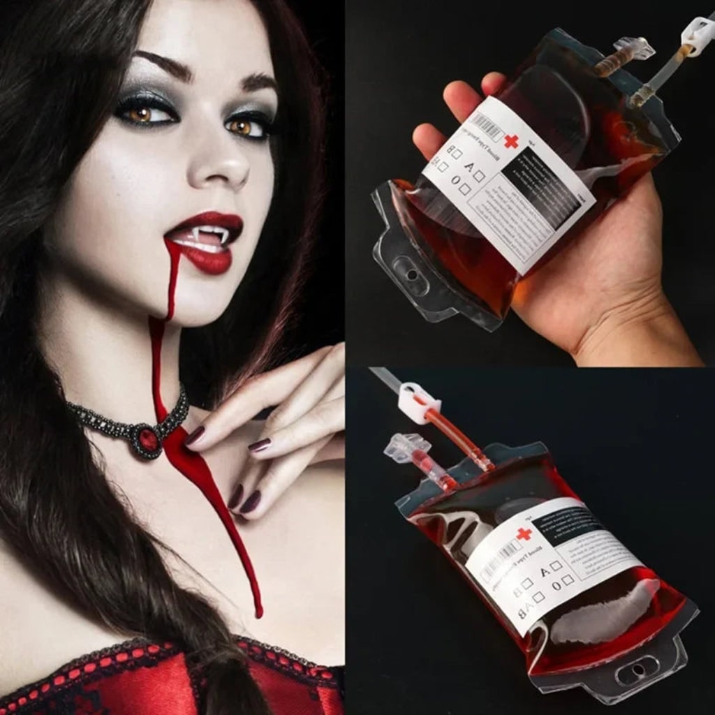 Blood Bag Drink Pouches with Syringe – Halloween Party Decorations, Gadgets