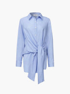 Blue Oversized Women's Shirt with Front Tied Belt UK – Smart Casual Office Holiday Wear