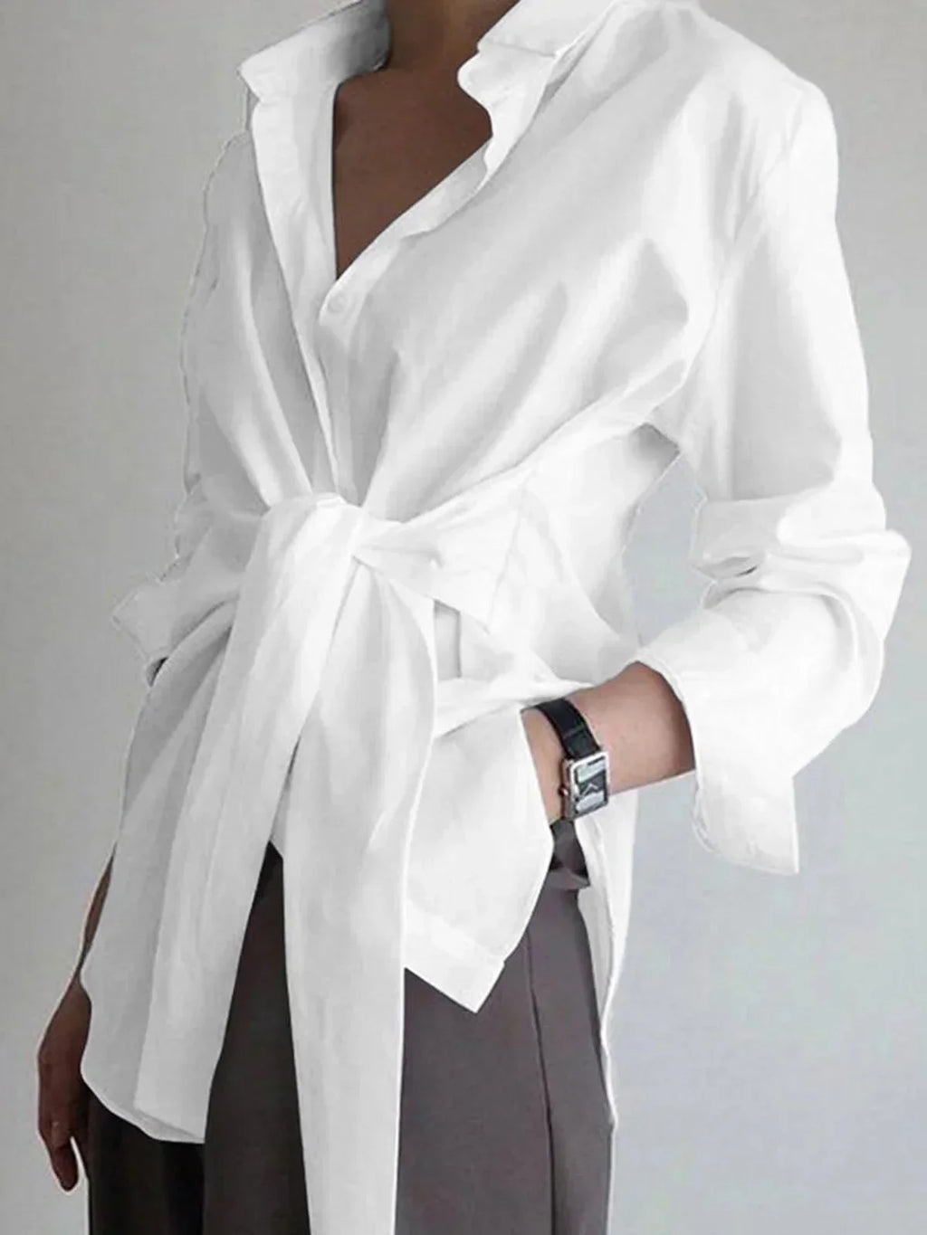 Blue Oversized Women's Shirt with Front Tied Belt UK – Smart Casual Office Holiday Wear