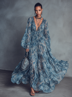 Bohemian Blue Floral Chiffon Maxi Dress with V-Neck and Lantern Sleeves