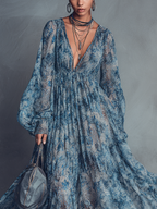 Bohemian Blue Floral Chiffon Maxi Dress with V-Neck and Lantern Sleeves