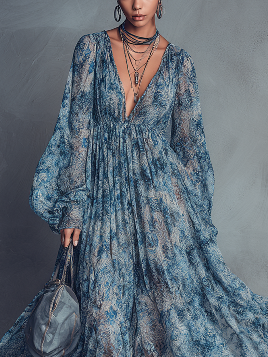 Bohemian Blue Floral Chiffon Maxi Dress with V-Neck and Lantern Sleeves