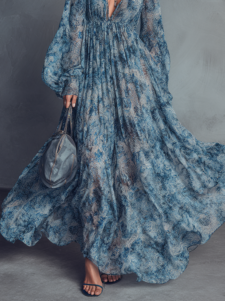Bohemian Blue Floral Chiffon Maxi Dress with V-Neck and Lantern Sleeves