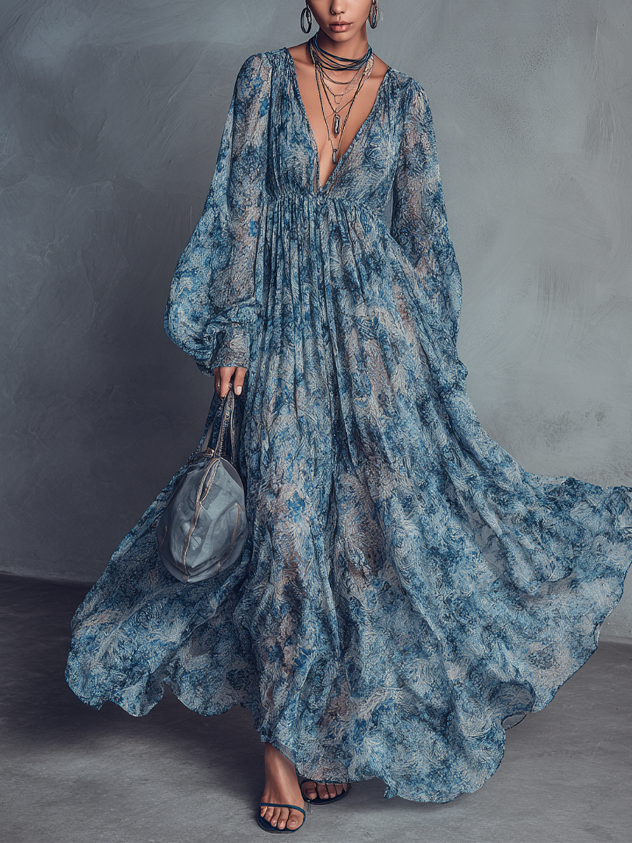 Bohemian Blue Floral Chiffon Maxi Dress with V-Neck and Lantern Sleeves