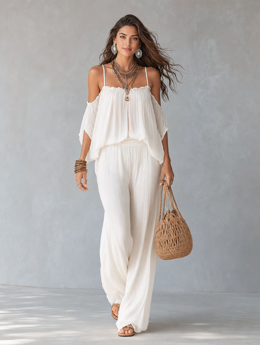 Bohemian Ivory Crinkled Chiffon Wide-Leg Outfit for Casual Wear