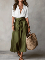 Boho Black Blouse and Olive Satin Midi Skirt Set for Casual Wear