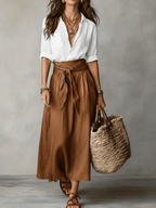 Boho Black Blouse and Olive Satin Midi Skirt Set for Casual Wear