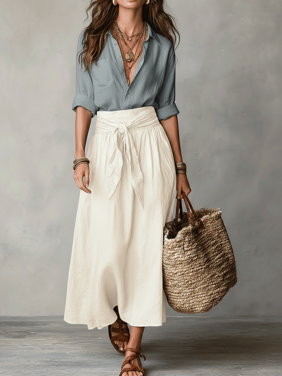 Boho Black Blouse and Olive Satin Midi Skirt Set for Casual Wear