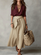 Boho Black Blouse and Olive Satin Midi Skirt Set for Casual Wear