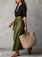 Boho Black Blouse and Olive Satin Midi Skirt Set for Casual Wear