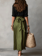 Boho Black Blouse and Olive Satin Midi Skirt Set for Casual Wear
