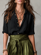 Boho Black Blouse and Olive Satin Midi Skirt Set for Casual Wear